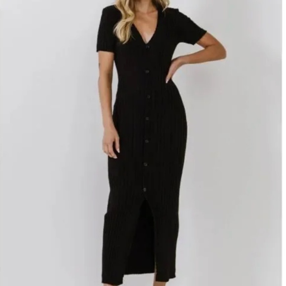 Zara Ribbed Knit Short Sleeve Button Up Maxi Dress Black Size Medium - Picture 1 of 6